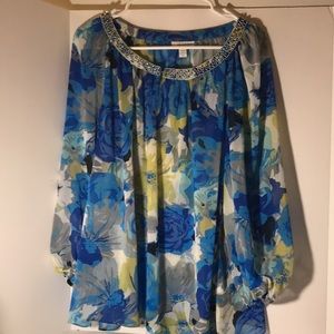 Charter Club floral long sleeve pxl blue yellow white embellished resort dressy